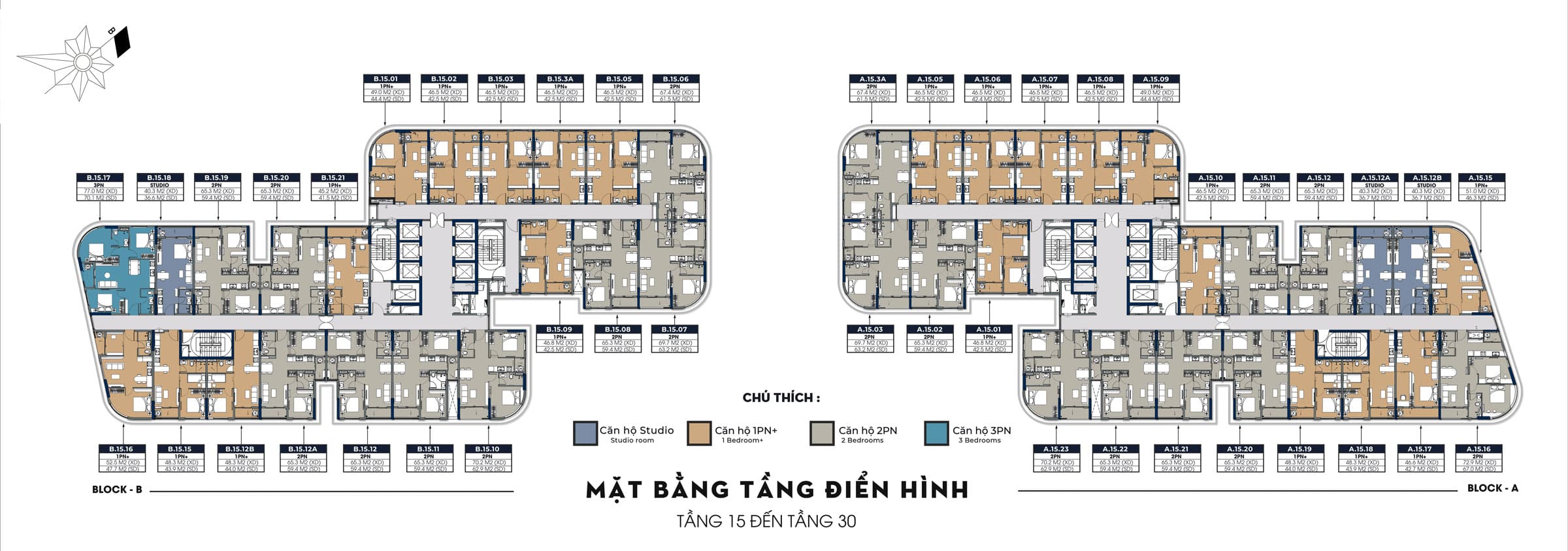 Mặt bằng tầng 15 đến 30 dự án A&K Tower