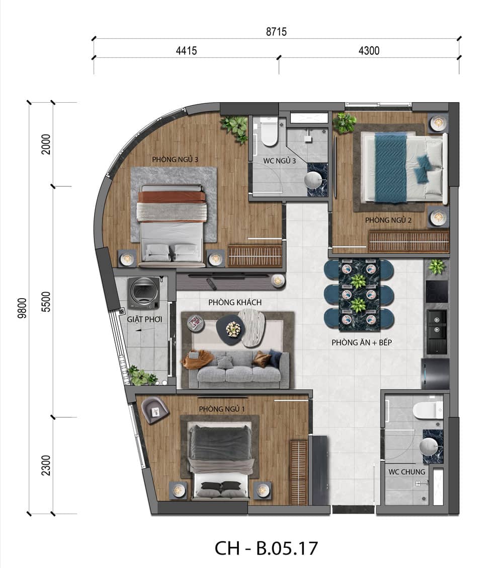 Thiết kế căn hộ 3PN AK Tower